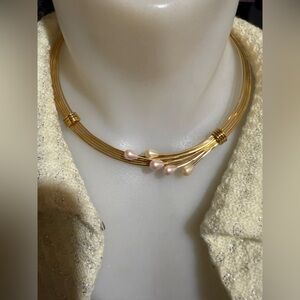 Vintage Gold Choker Necklace with Pink Pearl Accents